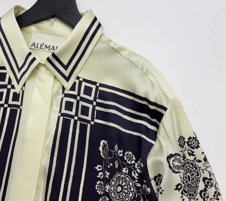 Scarf-Trimmed Silk Shirt Long-Sleeve Top in Navy and Cream, product view 10