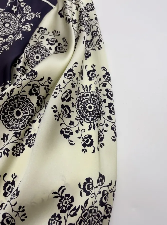 Scarf-Trimmed Silk Shirt Long-Sleeve Top in Navy and Cream, product view 11
