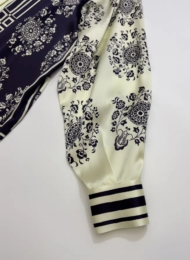Scarf-Trimmed Silk Shirt Long-Sleeve Top in Navy and Cream, product view 12