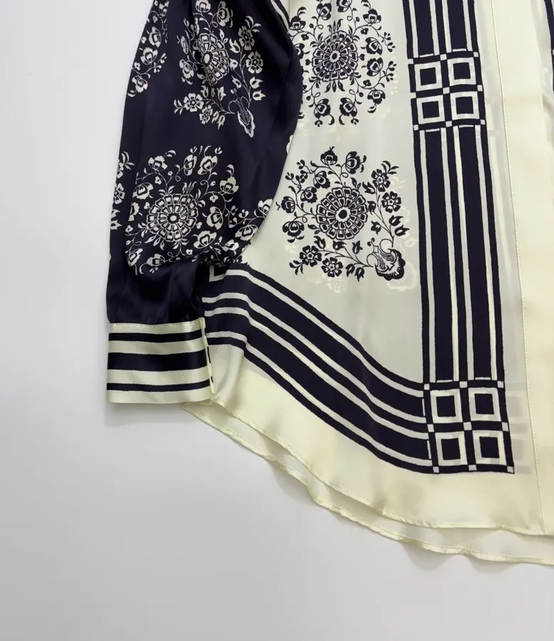 Scarf-Trimmed Silk Shirt Long-Sleeve Top in Navy and Cream, product view 13