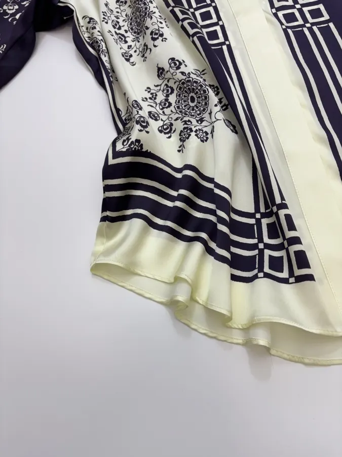Scarf-Trimmed Silk Shirt Long-Sleeve Top in Navy and Cream, product view 14