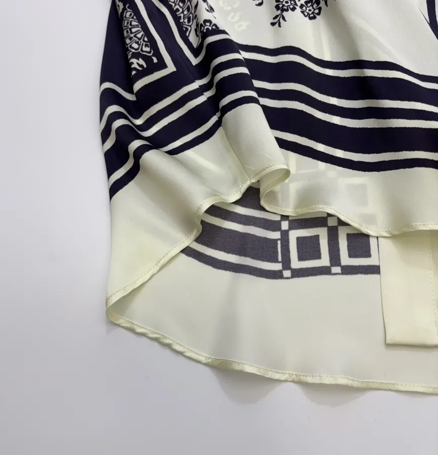 Scarf-Trimmed Silk Shirt Long-Sleeve Top in Navy and Cream, product view 15