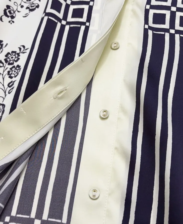 Scarf-Trimmed Silk Shirt Long-Sleeve Top in Navy and Cream, product view 16