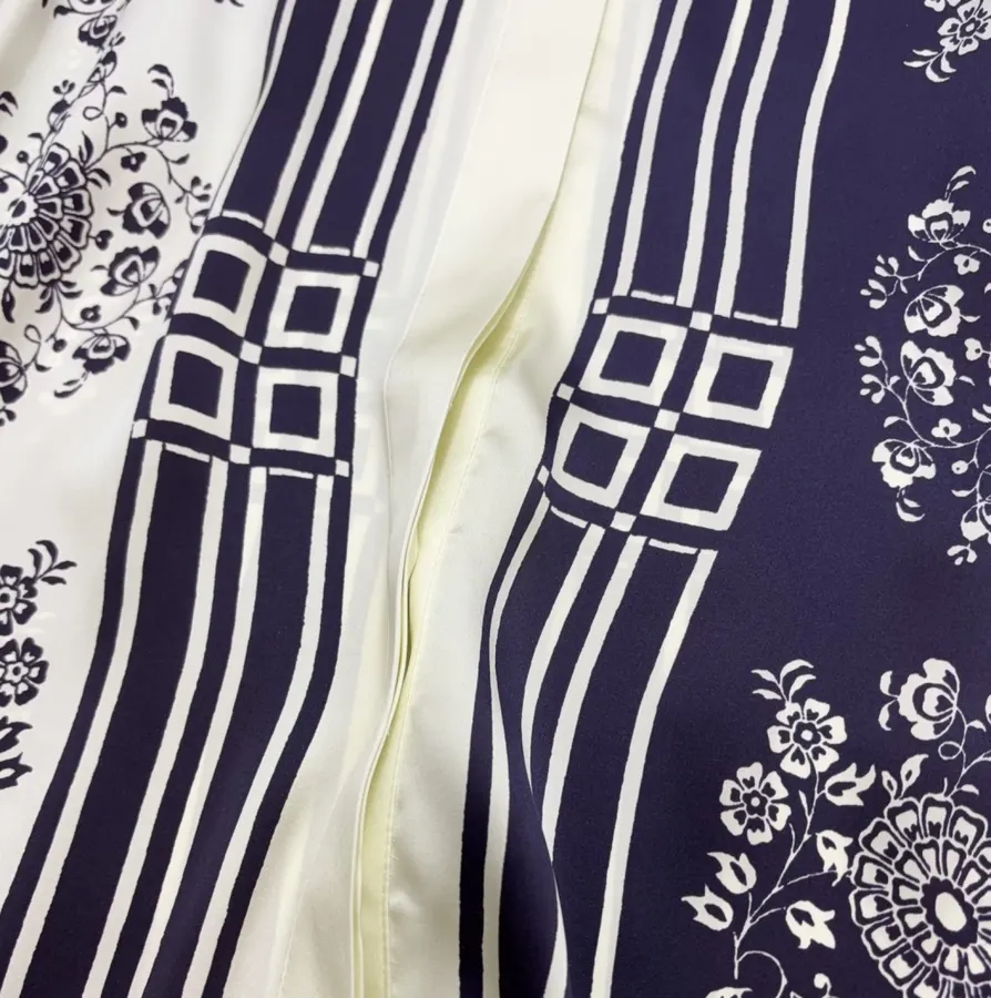 Scarf-Trimmed Silk Shirt Long-Sleeve Top in Navy and Cream, product view 17