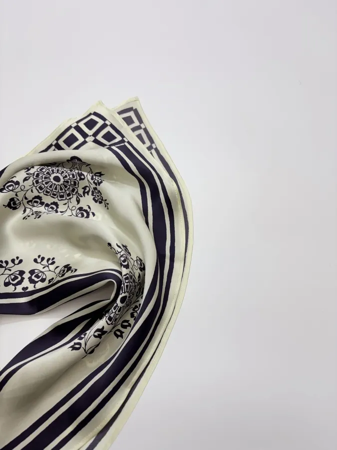 Scarf-Trimmed Silk Shirt Long-Sleeve Top in Navy and Cream, product view 19