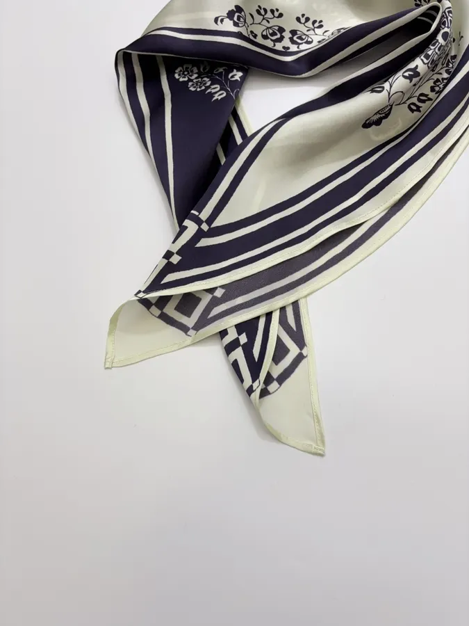 Scarf-Trimmed Silk Shirt Long-Sleeve Top in Navy and Cream, product view 20