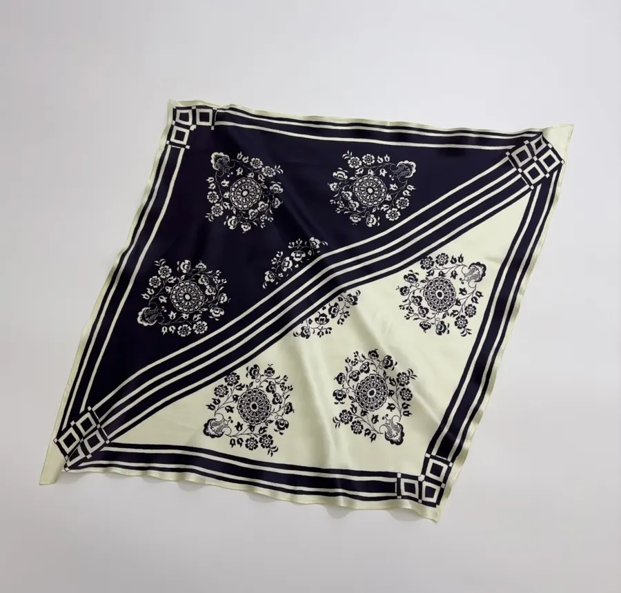 Scarf-Trimmed Silk Shirt Long-Sleeve Top in Navy and Cream, product view 21