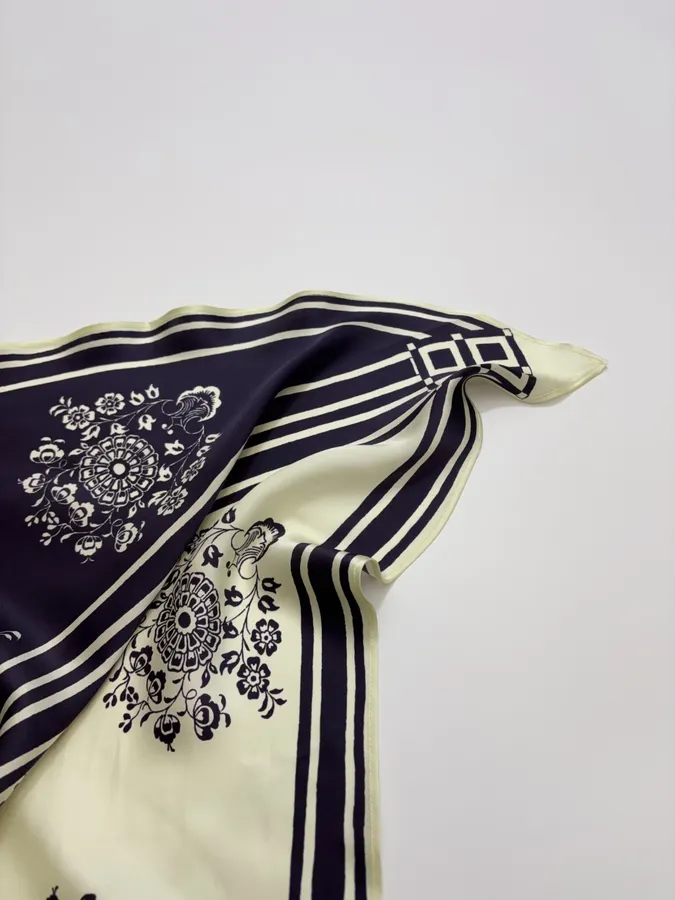 Scarf-Trimmed Silk Shirt Long-Sleeve Top in Navy and Cream, product view 22