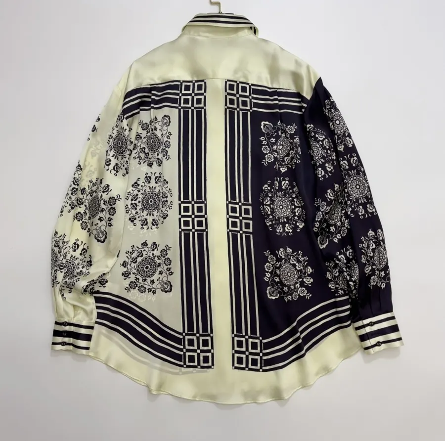 Scarf-Trimmed Silk Shirt Long-Sleeve Top in Navy and Cream, product view 23