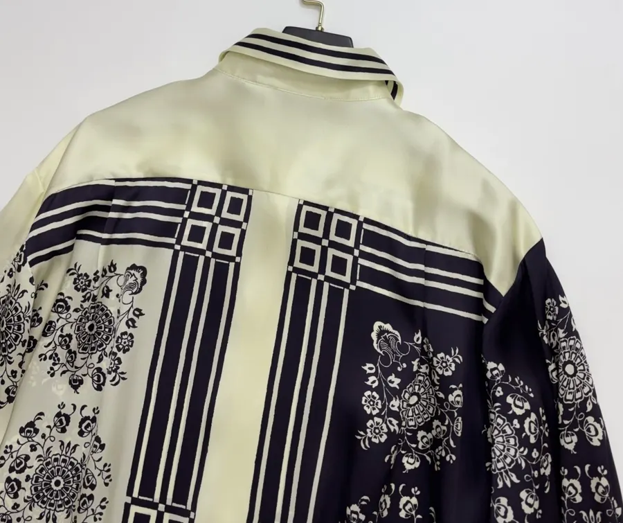 Scarf-Trimmed Silk Shirt Long-Sleeve Top in Navy and Cream, product view 24