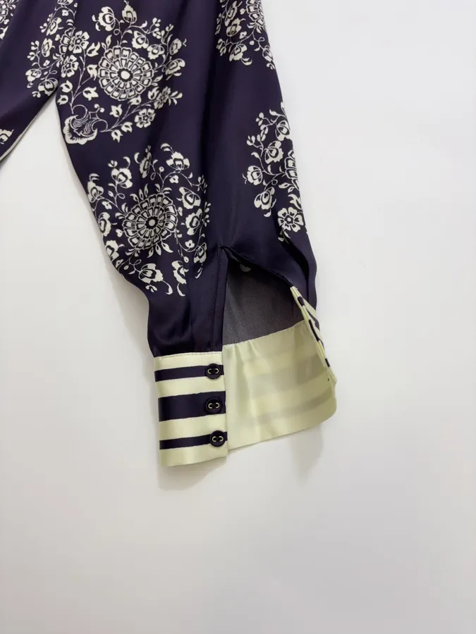 Scarf-Trimmed Silk Shirt Long-Sleeve Top in Navy and Cream, product view 25