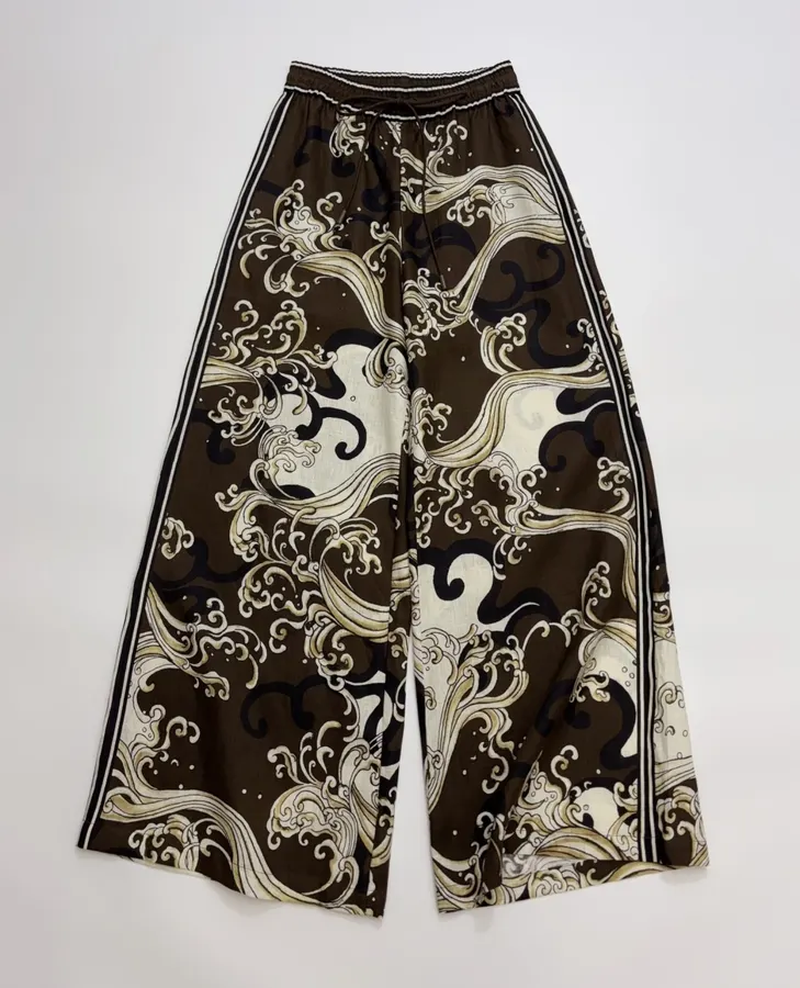 Brown Retro Printed Elegant Otis Elastic-waist Long Pants in Brown, product view