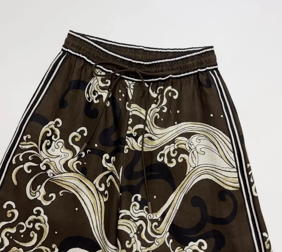 Brown Retro Printed Elegant Otis Elastic-waist Long Pants in Brown, product view 02