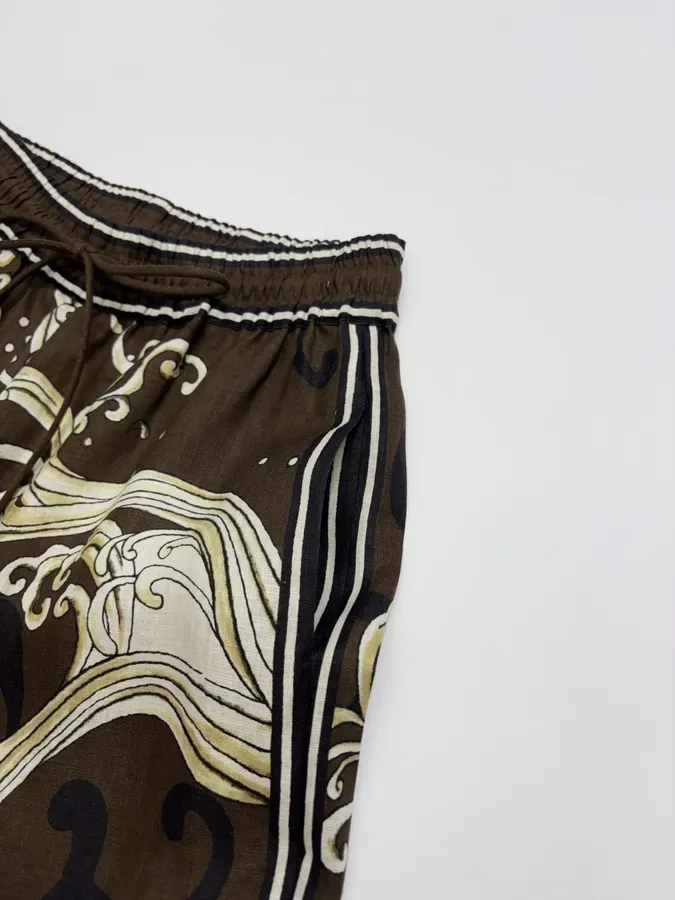 Brown Retro Printed Elegant Otis Elastic-waist Long Pants in Brown, product view 04