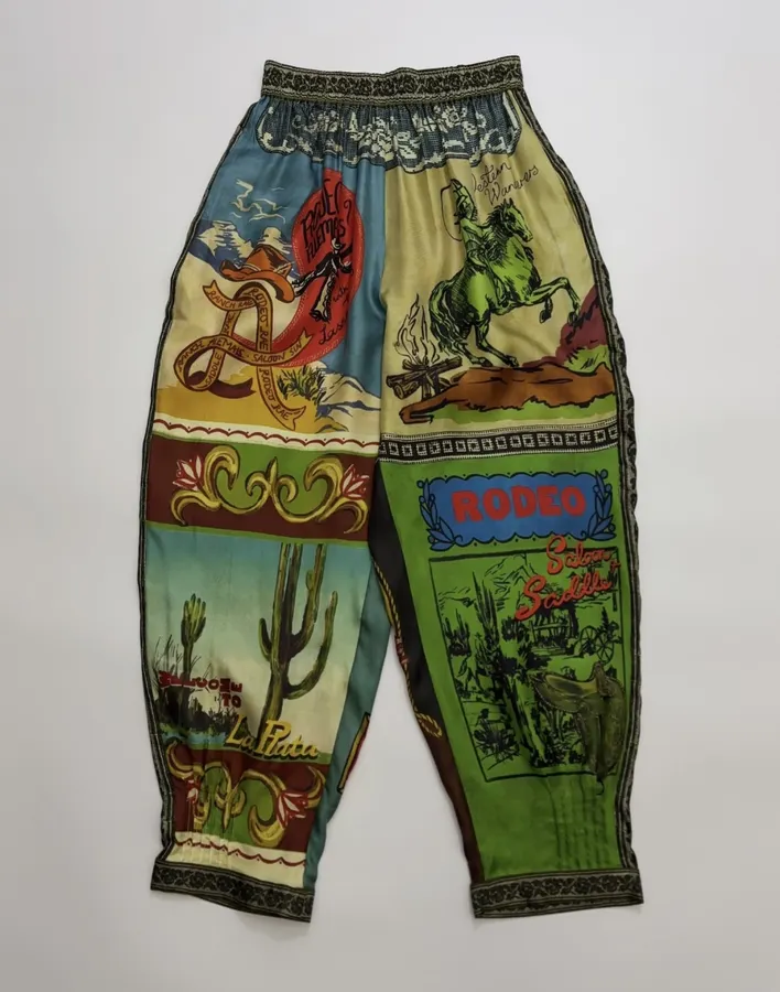 Silk Colorblock Retro Print Cropped Pants in Multicolor, product view