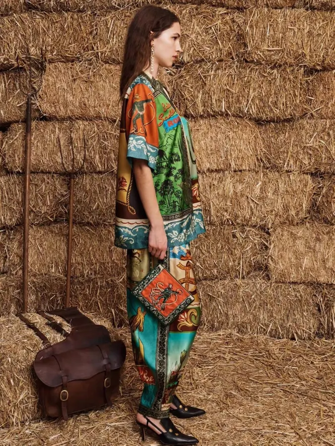 Silk Colorblock Retro Print Cropped Pants in Multicolor, product view 03