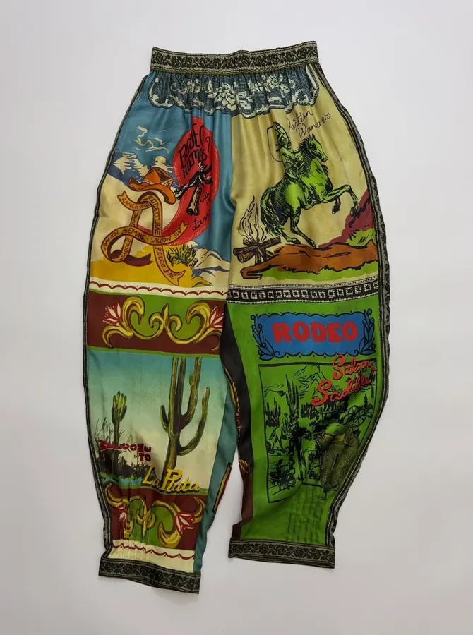 Silk Colorblock Retro Print Cropped Pants in Multicolor, product view 05
