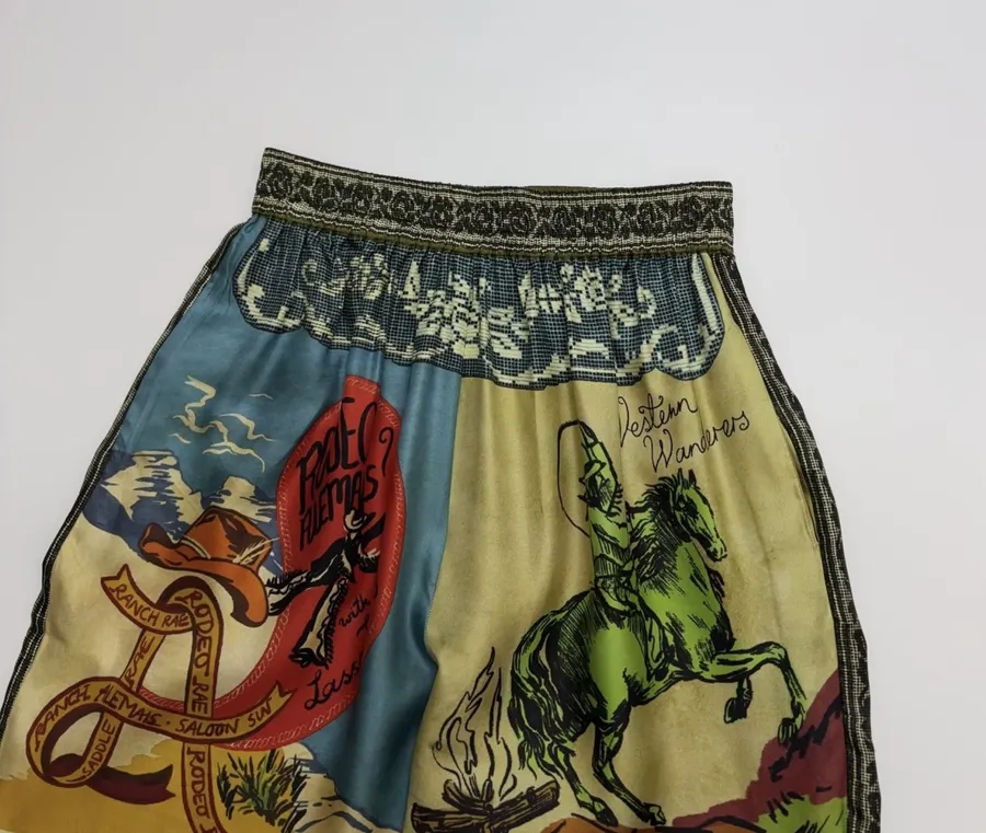 Silk Colorblock Retro Print Cropped Pants in Multicolor, product view 06