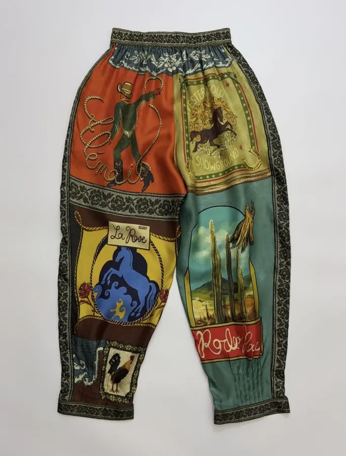 Silk Colorblock Retro Print Cropped Pants in Multicolor, product view 16