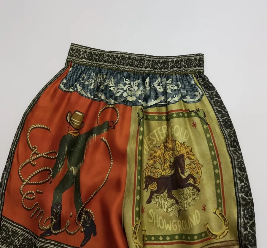 Silk Colorblock Retro Print Cropped Pants in Multicolor, product view 17