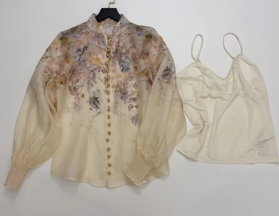 Cream Floral Mock-Neck Long-Sleeve Blouse in Beige, product view 01