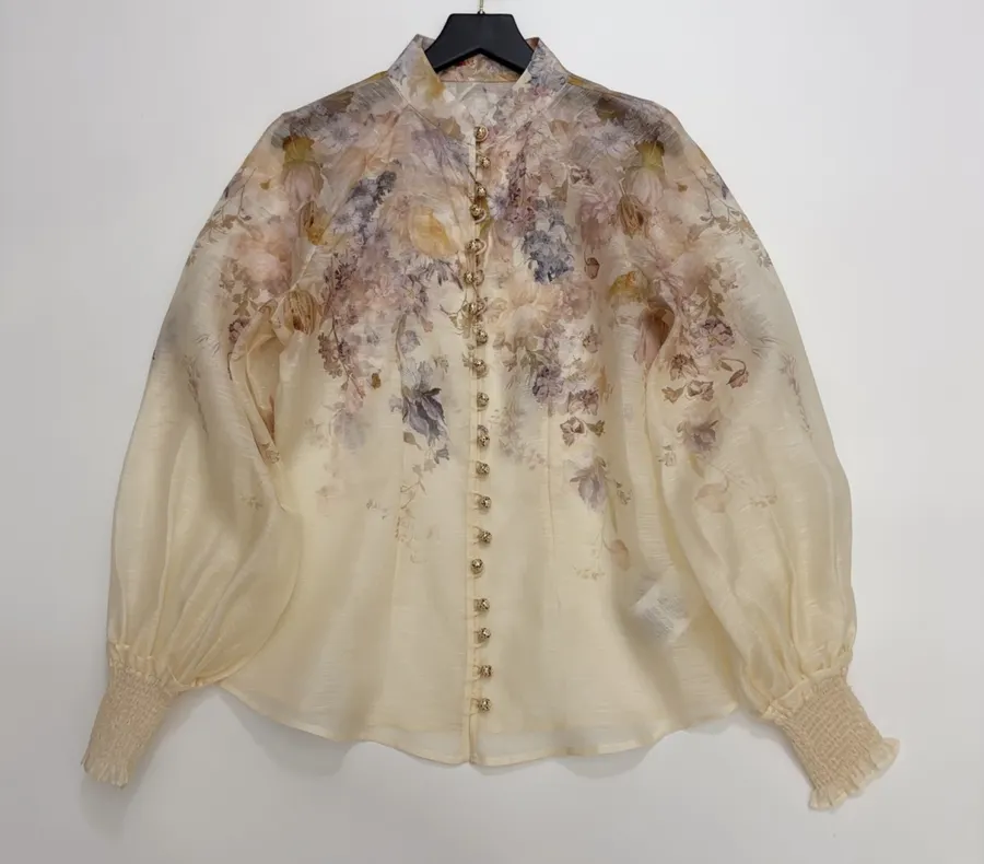 Cream Floral Mock-Neck Long-Sleeve Blouse in Beige, product view 02