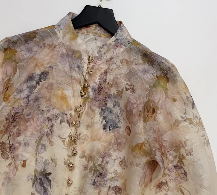 Cream Floral Mock-Neck Long-Sleeve Blouse in Beige, product view 03