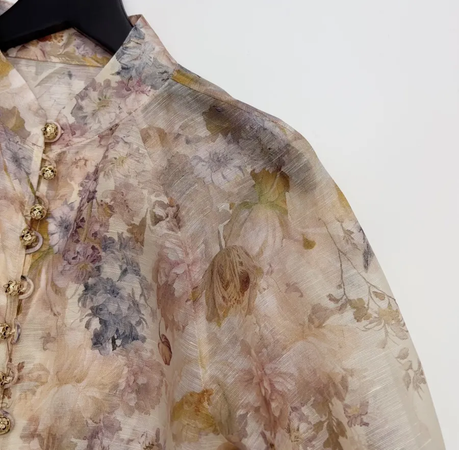 Cream Floral Mock-Neck Long-Sleeve Blouse in Beige, product view 04