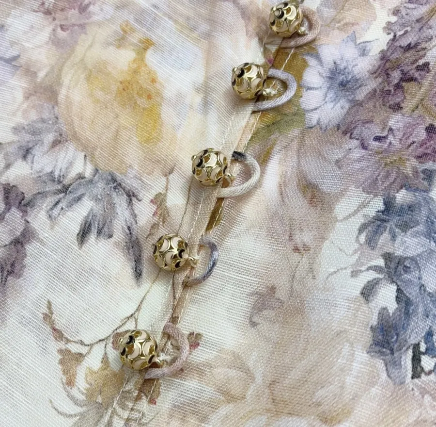 Cream Floral Mock-Neck Long-Sleeve Blouse in Beige, product view 05