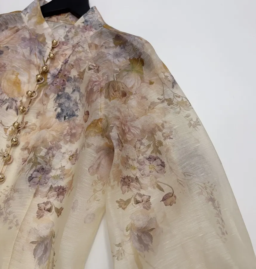 Cream Floral Mock-Neck Long-Sleeve Blouse in Beige, product view 06