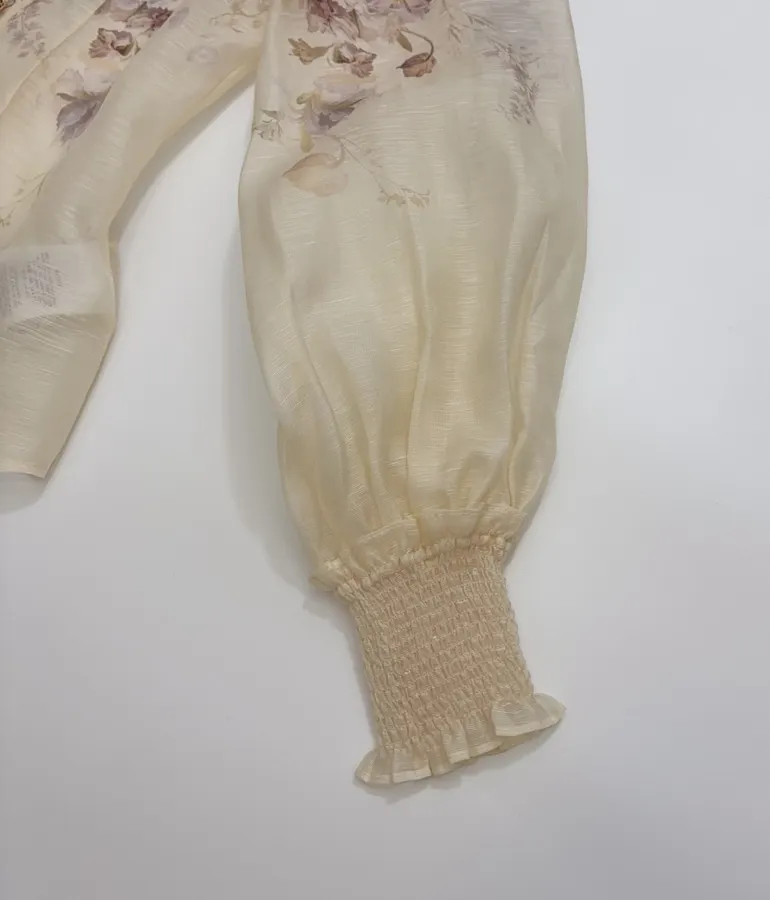 Cream Floral Mock-Neck Long-Sleeve Blouse in Beige, product view 08