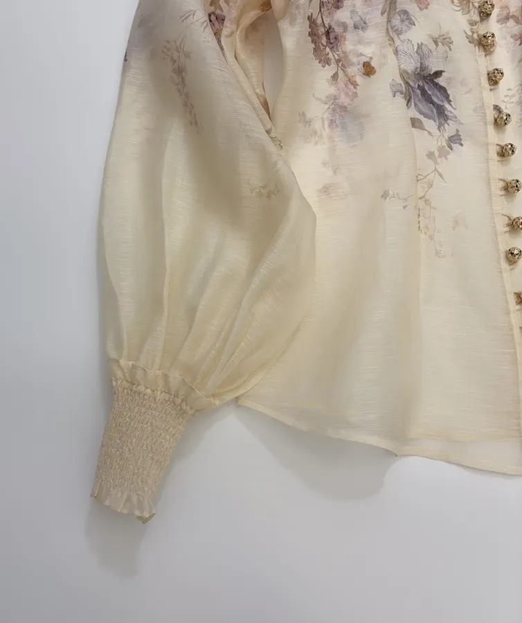 Cream Floral Mock-Neck Long-Sleeve Blouse in Beige, product view 10