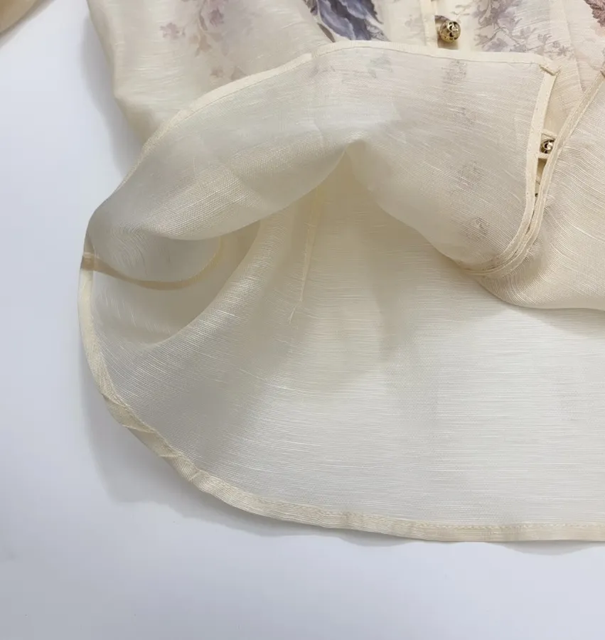 Cream Floral Mock-Neck Long-Sleeve Blouse in Beige, product view 12