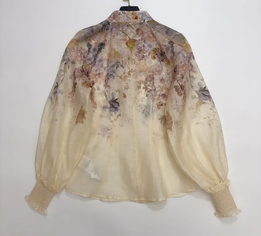 Cream Floral Mock-Neck Long-Sleeve Blouse in Beige, product view 14