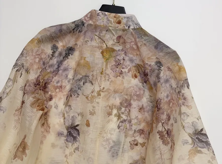 Cream Floral Mock-Neck Long-Sleeve Blouse in Beige, product view 15