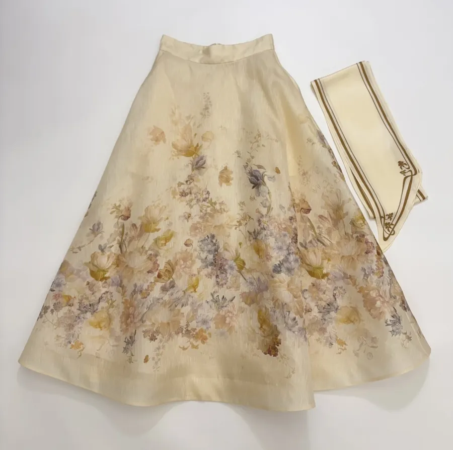 Cream Floral A-Line Midi Skirt in Beige, product view 01