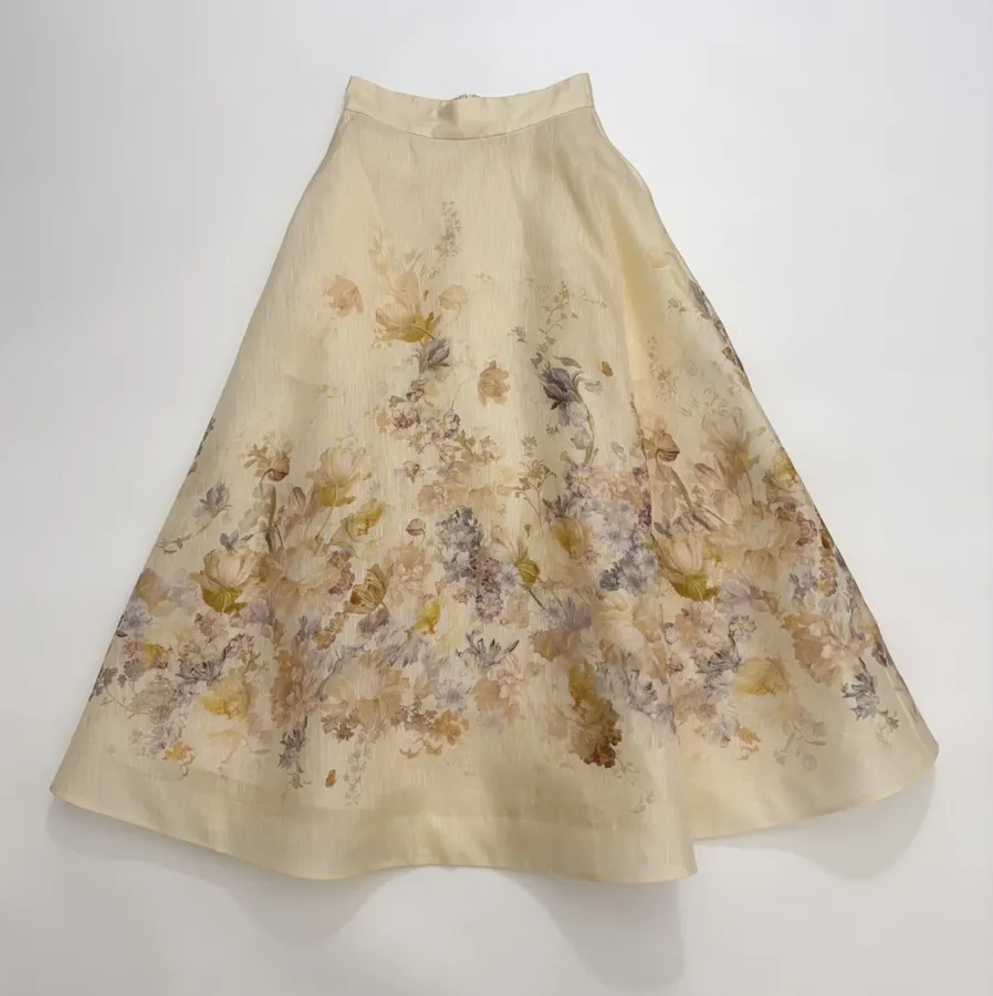 Cream Floral A-Line Midi Skirt in Beige, product view 02