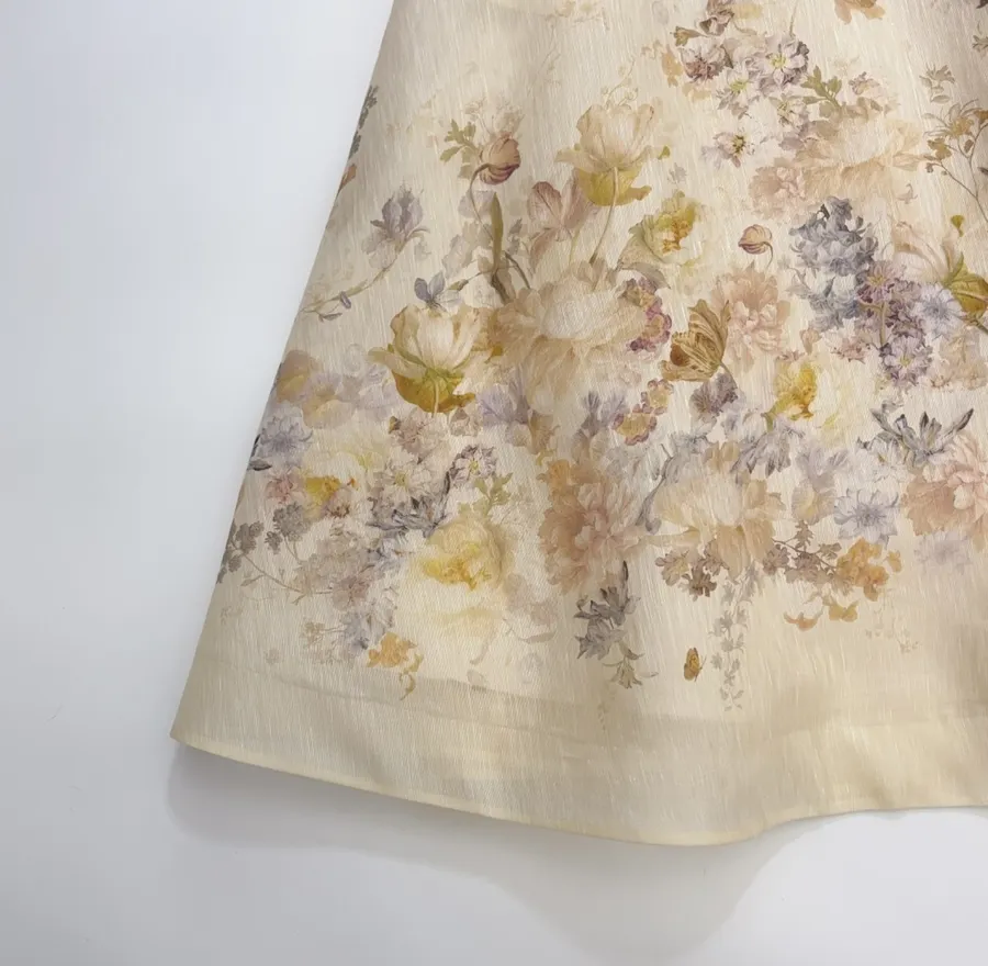 Cream Floral A-Line Midi Skirt in Beige, product view 09