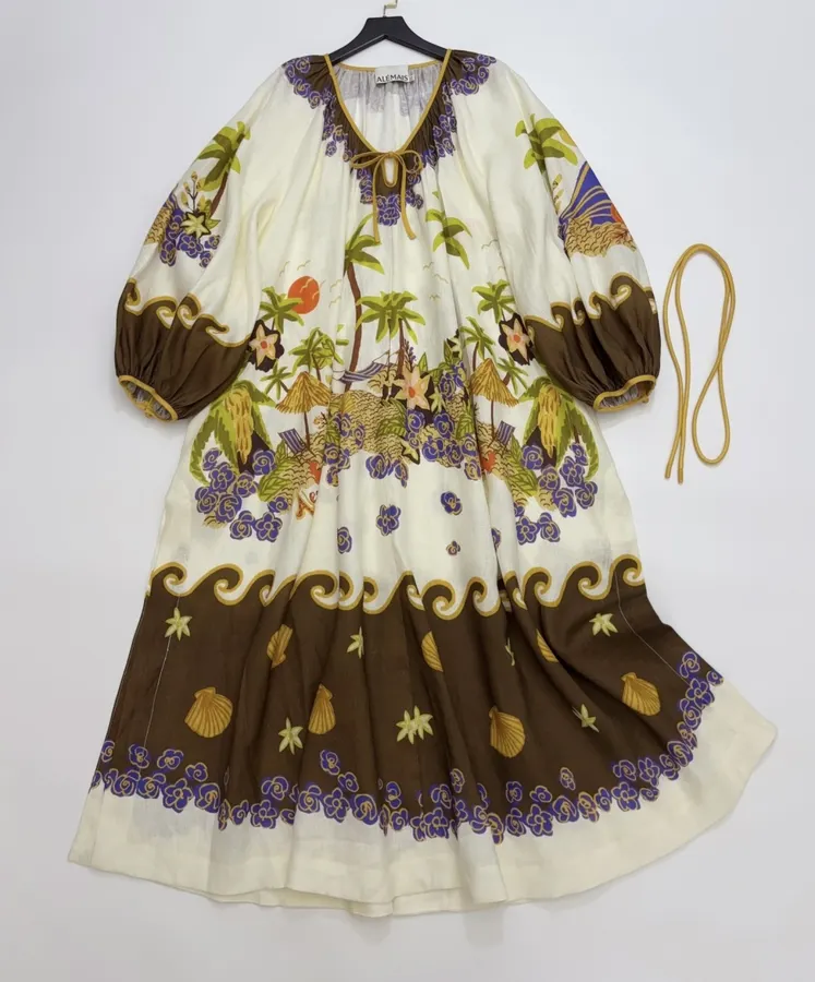 Cream and Brown Botanical Puff-Sleeve Midi Dress in Brown, product view 01