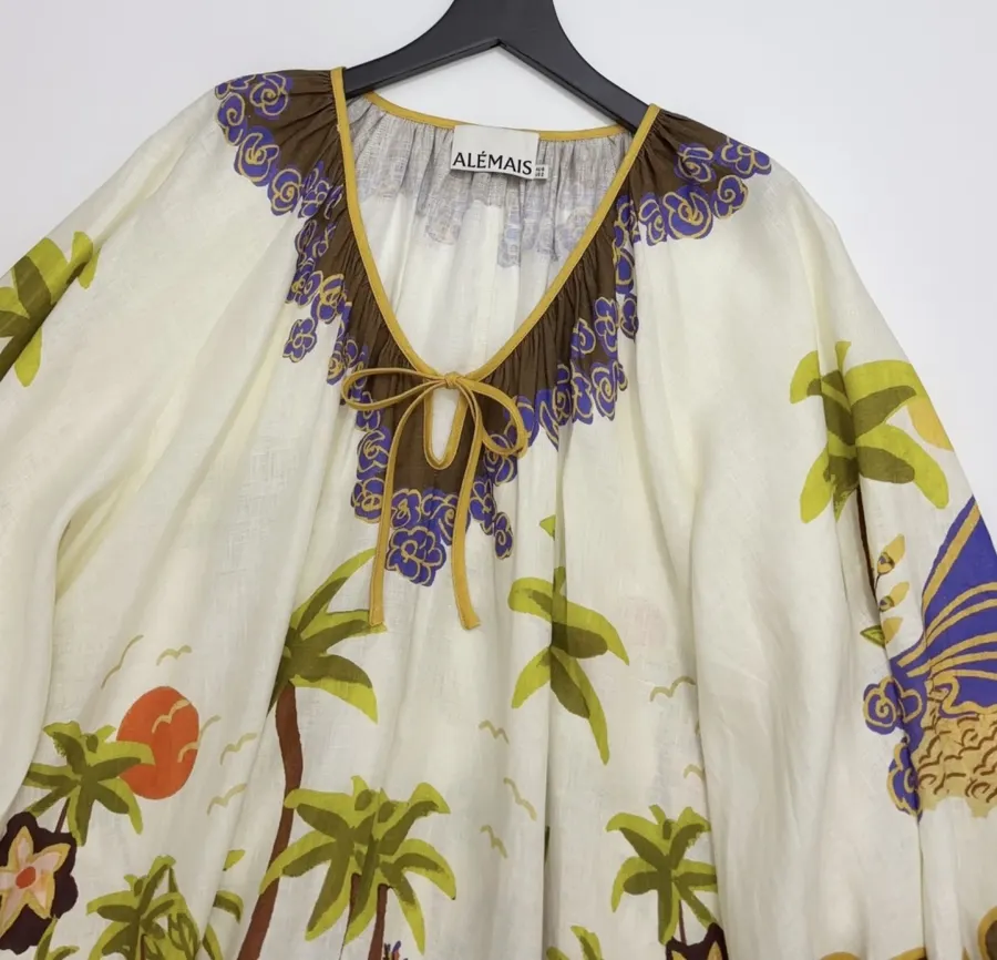 Cream and Brown Botanical Puff-Sleeve Midi Dress in Brown, product view 02
