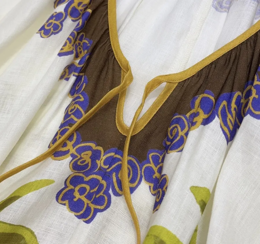 Cream and Brown Botanical Puff-Sleeve Midi Dress in Brown, product view 04