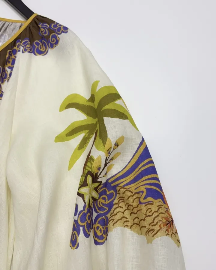 Cream and Brown Botanical Puff-Sleeve Midi Dress in Brown, product view 05