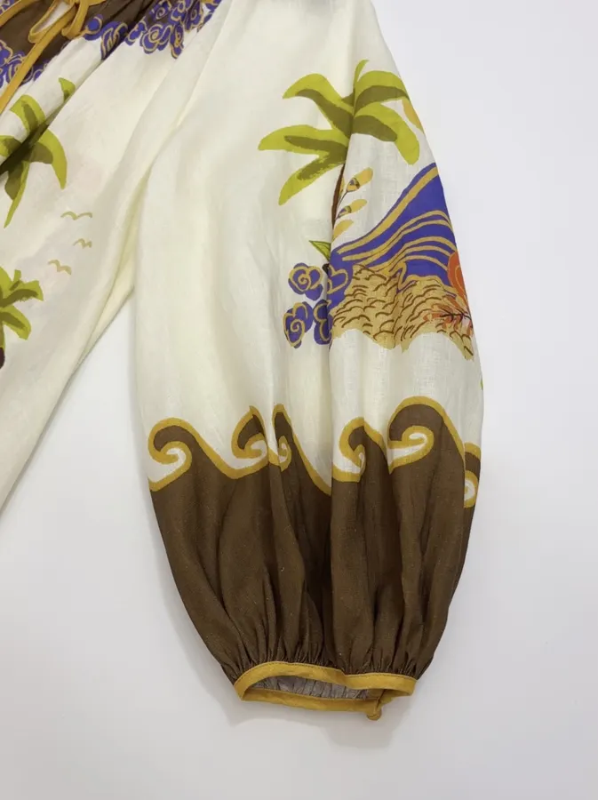 Cream and Brown Botanical Puff-Sleeve Midi Dress in Brown, product view 06