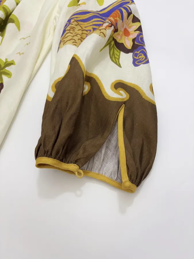 Cream and Brown Botanical Puff-Sleeve Midi Dress in Brown, product view 08