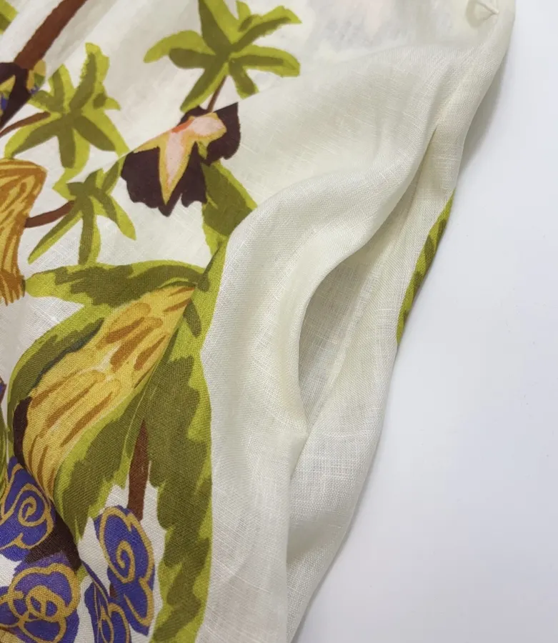 Cream and Brown Botanical Puff-Sleeve Midi Dress in Brown, product view 10