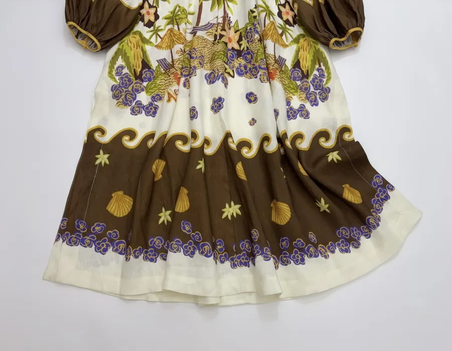 Cream and Brown Botanical Puff-Sleeve Midi Dress in Brown, product view 11