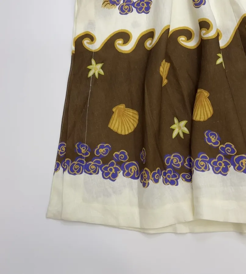 Cream and Brown Botanical Puff-Sleeve Midi Dress in Brown, product view 12