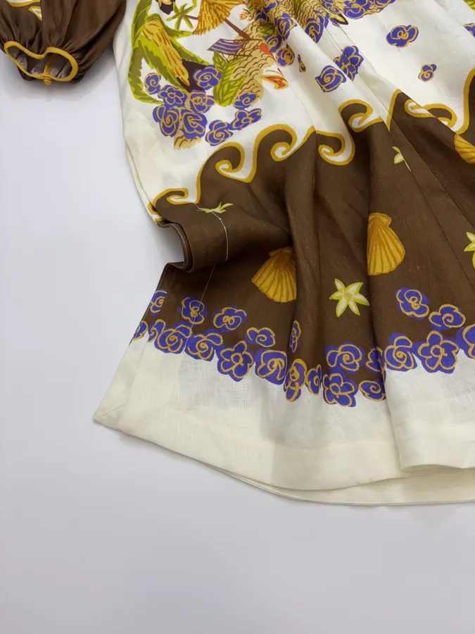 Cream and Brown Botanical Puff-Sleeve Midi Dress in Brown, product view 13