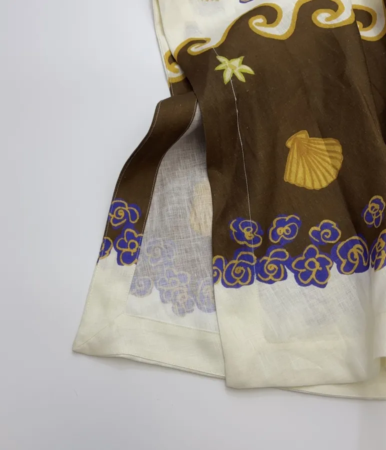 Cream and Brown Botanical Puff-Sleeve Midi Dress in Brown, product view 14