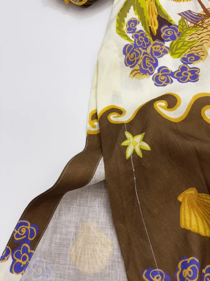 Cream and Brown Botanical Puff-Sleeve Midi Dress in Brown, product view 15